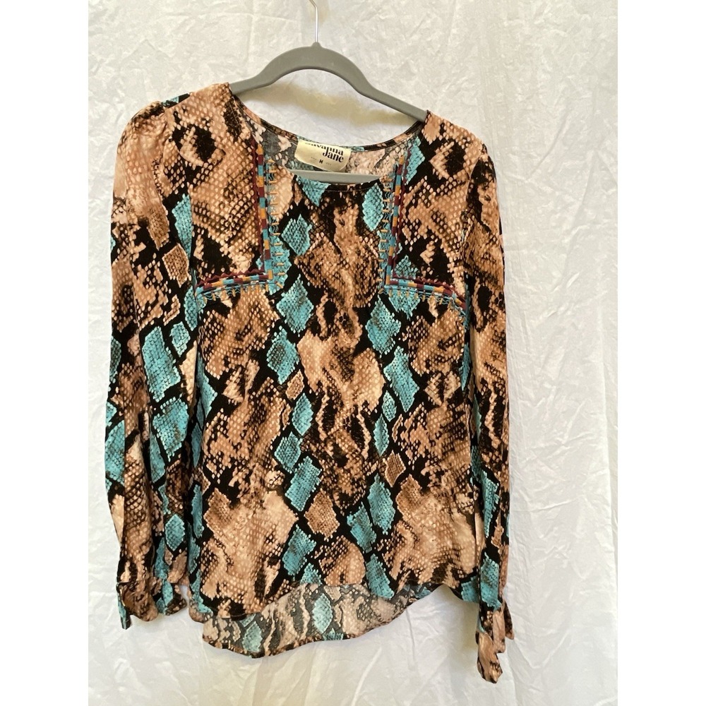 SAVANNA JANE Embroidered and Colorful Snake Print Teal 3/4 Angel Sleeve Top Sz M